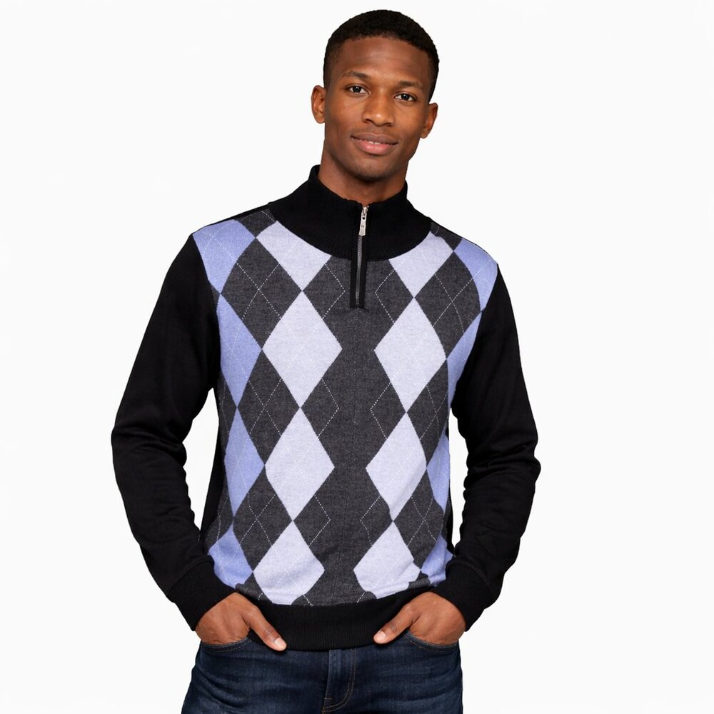 Men’s Argyle Quarter-Zip Sweater | Black & Blue Diamond Knit Pullover